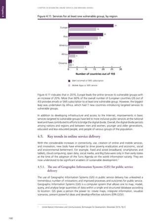 100
CHAPTER 4 • ADVANCING ONLINE SERVICES AND BRIDGING DIVIDES
Chapter4
Figure 4.11 indicates that in 2016, Europe leads the online services to vulnerable groups with
an increase of 20%. More than 60% of the overall number of European countries (26 out of
43) provides emails or SMS subscription to at least one vulnerable group. However, the biggest
leap was undertaken by Africa, which had 7 new countries introducing targeted services to
vulnerable groups.
In addition to developing infrastructure and access to the Internet, improvements in basic
services targeted to vulnerable groups have led to more inclusive public services at the national
level and have contributed to efforts to bridge the digital divide. Overall, the digital divide persists
among nations and regions and between men and women, younger and older generations,
educated and less educated people, and people of various groups of the population.
4.5. 	 Key trends in online service delivery
With the considerable increases in connectivity, use, creation of online and mobile services,
and innovation, new tools have emerged to drive poverty eradication and economic, social
and environmental betterment. For example, fixed and wired broadband, smartphones and
tablets, cloud computing, open data, social media, and Big Data were only in their early states
at the time of the adoption of the Tunis Agenda on the world information society. They are
now understood to be significant enablers of sustainable development.7
4.5.1.	 The use of Geographic Information Systems (GIS) for public service
delivery
The use of Geographic Information Systems (GIS) in public service delivery has unleashed a
tremendous number of innovations and improved processes and outcomes for public service.
Geographic Information Systems (GIS) is a computer system that allows one to map, model,
query, and analyse large quantities of data within a single and structured database according
to location. GIS gives a person the power to: create maps, integrate information, visualize
scenarios, present powerful ideas and develop effective solutions (EPA.GOV).
7
	 United Nations Information and Communications Technologies for Development, (December 2015), Pg13.
0 5 10 15 20 25 30
Oceania
Africa
America
Asia
Europe
Alert via email or SMS subscription
Mobile Apps or SMS service
26
16
20
17
12
9
11
4
2
2
Number of countries out of 193
Figure 4.11. Services for at least one vulnerable group, by region
 