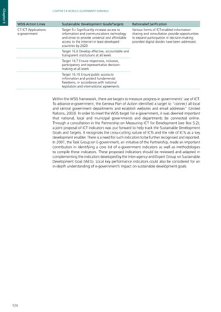 124
CHAPTER 5 • WORLD E-GOVERNMENT RANKINGS
Chapter5
WSIS Action Lines Sustainable Development Goals/Targets Rationale/Clarification
C7 ICT Applications:
e-government
Target 9.c Significantly increase access to
information and communications technology
and strive to provide universal and affordable
access to the Internet in least developed
countries by 2020
Various forms of ICT-enabled information
sharing and consultation provide opportunities
to expand participation in decision-making,
provided digital divides have been addressed.
Target 16.6 Develop effective, accountable and
transparent institutions at all levels
Target 16.7 Ensure responsive, inclusive,
participatory and representative decision-
making at all levels
Target 16.10 Ensure public access to
information and protect fundamental
freedoms, in accordance with national
legislation and international agreements
Within the WSIS framework, there are targets to measure progress in governments’ use of ICT.
To advance e-government, the Geneva Plan of Action identified a target to “connect all local
and central government departments and establish websites and email addresses” (United
Nations, 2003). In order to meet the WSIS target for e-government, it was deemed important
that national, local and municipal governments and departments be connected online.
Through a consultation in the Partnership on Measuring ICT for Development (see Box 5.2),
a joint proposal of ICT indicators was put forward to help track the Sustainable Development
Goals and Targets. It recognizes the cross-cutting nature of ICTs and the role of ICTs as a key
development enabler. There is a need for such indicators to be further recognised and reported.
In 2007, the Task Group on E-government, an initiative of the Partnership, made an important
contribution in identifying a core list of e-government indicators as well as methodologies
to compile these indicators. These proposed indicatiors should be reviewed and adapted in
complementing the indicators developed by the Inter-agency and Expert Group on Sustainable
Development Goal (IAEG). Local key performance indicators could also be considered for an
in-depth understanding of e-government’s impact on sustainable development goals.
 