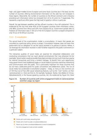 65
E-GOVERNMENT IN SUPPORT OF SUSTAINABLE DEVELOPMENT
Chapter3
High- and upper-middle-income European and some Asian countries are in the lead, but the
number of countries offering environmental information on the web has not increased in
these regions. Meanwhile, the number of countries on the African continent and in Oceania
providing such information online has increased from 23 to 25 and 4 to 7 respectively. This
represents a significant effort given the high level of poverty in Africa in particular.
Overall, the gap between wealthier and less affluent counties is thus still substantial. This is
evidenced by the fact that while 95% of the European countries share information online,
only 48% countries from Africa and 33% from Oceania do so. Government portals refer to
Freedom of Information laws in 38 out of the 43 European countries surveyed compared to
only 14 out of 54 African countries.
3.4.2. 	 E-consultation
The second level of the e-participation model is e-consultation. It means that people are
consulted on a particular policy, service or project. Consultation however, does not mean that
government has an obligation to use the inputs received in its policies or services. Rather, it
can leverage the information received in order to better respond to the public’s sentiments on
a particular subject.
The interactive qualities of social media are essential for networked collaboration and
conducting consultations that can reach desired constituencies that may otherwise not be
reachable. Social media is easily accessible these days and does not cost much more than paying
for internet connectivity and hiring a content manager. To benefit from such opportunity,
many governments have established pages on social media to promote interactive networking
and communication with the public. This is particularly important for those countries that
do not have a dedicated portal for public consultation and deliberation online. The rise of
social media has accelerated e-consultation progress – today, as many as 152 countries out
of 193 (four out of five) offer social networking features, such as the “Like” button, on their
national portals (i.e. there are links to, for example, Facebook, Twitter, Sina Weibo (in China),
Odnoklassniki/VK in the Russian-speaking countries, etc.) As evidenced by Figure 3.6, there
0
10
20
30
40
50
39
28
30
4
38
29
21
8
33
12
5
21
33
23
2
11
4
9
2
6
Europe
(43 countries)
Asia
(46 countries)
Africa
(54 countries)
Americas
(35 countries)
Oceania
(15 countries)
Portals with social media networking tools
Portals with e-tools for public consultation/deliberation
Recent use of online consultation/deliberation e-tools for development
No online engagement tools/ activities available
Figure 3.6. 	 Number of countries with online engagement tools on national portals
and their usage, by region
 