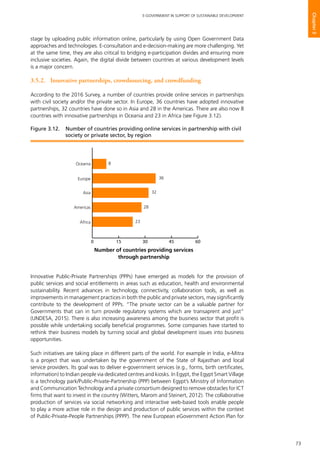 73
E-GOVERNMENT IN SUPPORT OF SUSTAINABLE DEVELOPMENT
Chapter3
stage by uploading public information online, particularly by using Open Government Data
approaches and technologies. E-consultation and e-decision-making are more challenging. Yet
at the same time, they are also critical to bridging e-participation divides and ensuring more
inclusive societies. Again, the digital divide between countries at various development levels
is a major concern.
3.5.2.	 Innovative partnerships, crowdsourcing, and crowdfunding
According to the 2016 Survey, a number of countries provide online services in partnerships
with civil society and/or the private sector. In Europe, 36 countries have adopted innovative
partnerships, 32 countries have done so in Asia and 28 in the Americas. There are also now 8
countries with innovative partnerships in Oceania and 23 in Africa (see Figure 3.12).
Innovative Public-Private Partnerships (PPPs) have emerged as models for the provision of
public services and social entitlements in areas such as education, health and environmental
sustainability. Recent advances in technology, connectivity, collaboration tools, as well as
improvements in management practices in both the public and private sectors, may significantly
contribute to the development of PPPs. “The private sector can be a valuable partner for
Governments that can in turn provide regulatory systems which are transaprent and just”
(UNDESA, 2015). There is also increasing awareness among the business sector that profit is
possible while undertaking socially beneficial programmes. Some companies have started to
rethink their business models by turning social and global development issues into business
opportunities.
Such initiatives are taking place in different parts of the world. For example in India, e-Mitra
is a project that was undertaken by the government of the State of Rajasthan and local
service providers. Its goal was to deliver e-government services (e.g., forms, birth certificates,
information) to Indian people via dedicated centres and kiosks. In Egypt, the Egypt Smart Village
is a technology park/Public-Private-Partnership (PPP) between Egypt’s Ministry of Information
and Communication Technology and a private consortium designed to remove obstacles for ICT
firms that want to invest in the country (Witters, Marom and Steinert, 2012). The collaborative
production of services via social networking and interactive web-based tools enable people
to play a more active role in the design and production of public services within the context
of Public-Private-People Partnerships (PPPP). The new European eGovernment Action Plan for
0 15 30 45 60
8
36
32
28
23
Oceania
Europe
Asia
Americas
Africa
Number of countries providing services
through partnership
Figure 3.12. 	 Number of countries providing online services in partnership with civil
society or private sector, by region
 
