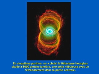 En cinquième position, on a choisi la Nébuleuse Hourglass située à 8000 années-lumière, une belle nébuleuse avec un rétrécissement dans sa partie centrale. 
