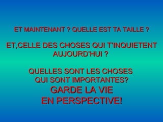 ET MAINTENANT ? QUELLE EST TA TAILLE ? ET,CELLE DES CHOSES QUI T’INQUIETENT AUJOURD’HUI ?   QUELLES SONT LES CHOSES  QUI SONT IMPORTANTES? GARDE LA VIE EN PERSPECTIVE ! 