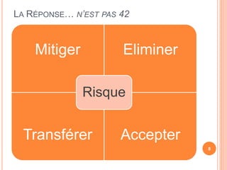 LA RÉPONSE… N’EST PAS 42
Mitiger Eliminer
Transférer Accepter
Risque
8
 