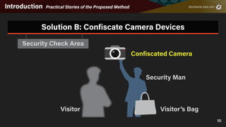 11
Introduction Practical Stories of the Proposed Method
Solution B: Confiscate Camera Devices
Visitor
Security
Don’t use ...