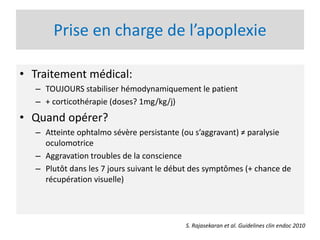 Prise en charge de l’apoplexie
• Traitement médical:
– TOUJOURS stabiliser hémodynamiquement le patient
– + corticothérapie (doses? 1mg/kg/j)
• Quand opérer?
– Atteinte ophtalmo sévère persistante (ou s’aggravant) ≠ paralysie
oculomotrice
– Aggravation troubles de la conscience
– Plutôt dans les 7 jours suivant le début des symptômes (+ chance de
récupération visuelle)
S. Rajasekaran et al. Guidelines clin endoc 2010
 