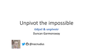 Unpivot the impossible
tidyxl & unpivotr
Duncan Garmonsway
@nacnudus
 
