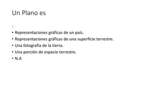 Un Plano es
:
• Representaciones gráficas de un país.
• Representaciones gráficas de una superficie terrestre.
• Una fotografía de la tierra.
• Una porción de espacio terrestre.
• N.A
 