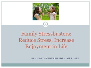 B R A N D Y V A N D E R H E I D E N M F T , S E P
Family Stressbusters:
Reduce Stress, Increase
Enjoyment in Life
1
 