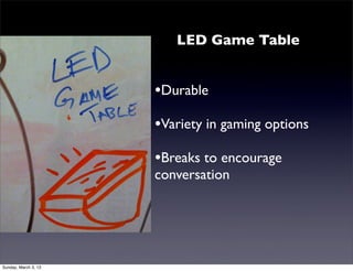 Floor Projection
                                Game Console

                      •Hygienic
                      •Play with one foot, balance with the
                      other

                      •Only players interfere with space



Monday, March 4, 13
 