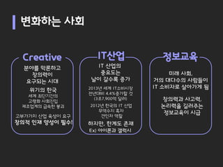 변화하는 사회


 Creative            IT산업             정보교육
  분야를 막론하고         IT 산업의
    창의력이            중요도는                 미래 사회,
   요구되는 시대        날이 갈수록 증가         거의 대다수의 사람들이
                  2013년 세계 IT소비시장   IT 소비자로 살아가게 됨
   위기의 한국
                  전년대비 4.4%증가할 것
   세계 최단기간의
   고령화 사회진입
                    (3조7,900억 달러)     창의력과 사고력,
 제조업계의 급속한 붕괴     2012년 한국의 IT 산업     논리력을 길러주는
                     무역수지 흑자           정보교육이 시급
고부가가치 산업 육성이 요구       견인차 역할
창의적 인재 양성이 필수!    하지만, 한계도 존재
                  Ex) 아이폰과 갤럭시
 