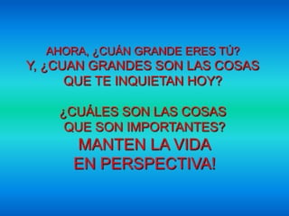 AHORA, ¿CUÁN GRANDE ERES TÚ?
Y, ¿CUAN GRANDES SON LAS COSAS
      QUE TE INQUIETAN HOY?

    ¿CUÁLES SON LAS COSAS
     QUE SON IMPORTANTES?
      MANTEN LA VIDA
      EN PERSPECTIVA!
 