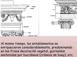Al mismo tiempo, los entablamentos se
enriquecieron considerablemente, predominando
en los frisos decoración vegetal, guirnaldas
sostenidas por bucráneos (cráneos de buey), etc.
 