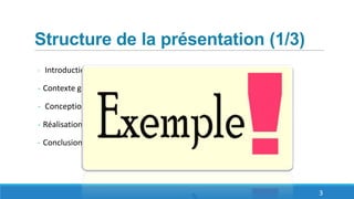 Structure de la présentation (1/3)
- Introduction
- Contexte générale ( Problématique et Solution )
- Conception
- Réalisation et Tests
- Conclusion et perspectives
3
 