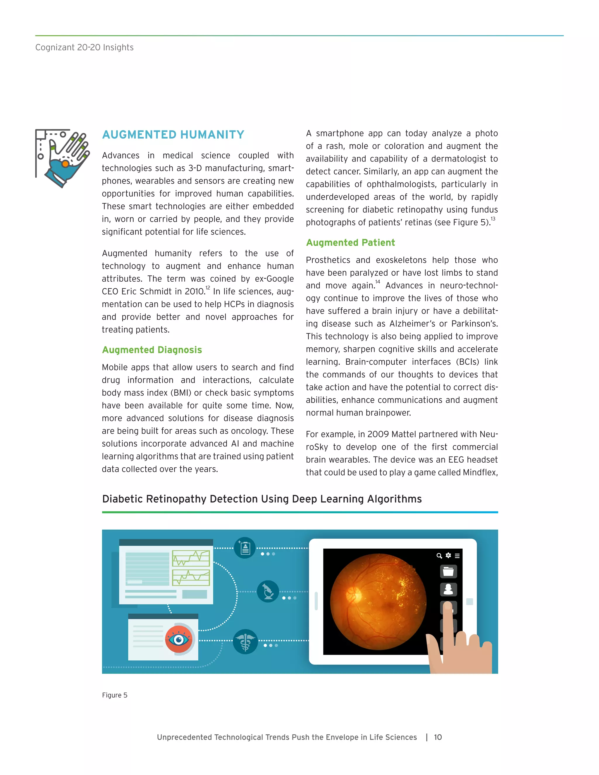 Cognizant 20-20 Insights
Unprecedented Technological Trends Push the Envelope in Life Sciences | 10
AUGMENTED HUMANITY
Advances in medical science coupled with
technologies such as 3-D manufacturing, smart-
phones, wearables and sensors are creating new
opportunities for improved human capabilities.
These smart technologies are either embedded
in, worn or carried by people, and they provide
significant potential for life sciences.
Augmented humanity refers to the use of
technology to augment and enhance human
attributes. The term was coined by ex-Google
CEO Eric Schmidt in 2010.
12
In life sciences, aug-
mentation can be used to help HCPs in diagnosis
and provide better and novel approaches for
treating patients.
Augmented Diagnosis
Mobile apps that allow users to search and find
drug information and interactions, calculate
body mass index (BMI) or check basic symptoms
have been available for quite some time. Now,
more advanced solutions for disease diagnosis
are being built for areas such as oncology. These
solutions incorporate advanced AI and machine
learning algorithms that are trained using patient
data collected over the years.
A smartphone app can today analyze a photo
of a rash, mole or coloration and augment the
availability and capability of a dermatologist to
detect cancer. Similarly, an app can augment the
capabilities of ophthalmologists, particularly in
underdeveloped areas of the world, by rapidly
screening for diabetic retinopathy using fundus
photographs of patients’ retinas (see Figure 5).
13
Augmented Patient
Prosthetics and exoskeletons help those who
have been paralyzed or have lost limbs to stand
and move again.
14
Advances in neuro-technol-
ogy continue to improve the lives of those who
have suffered a brain injury or have a debilitat-
ing disease such as Alzheimer’s or Parkinson’s.
This technology is also being applied to improve
memory, sharpen cognitive skills and accelerate
learning. Brain-computer interfaces (BCIs) link
the commands of our thoughts to devices that
take action and have the potential to correct dis-
abilities, enhance communications and augment
normal human brainpower.
For example, in 2009 Mattel partnered with Neu-
roSky to develop one of the first commercial
brain wearables. The device was an EEG headset
that could be used to play a game called Mindflex,
Diabetic Retinopathy Detection Using Deep Learning Algorithms
Figure 5
 