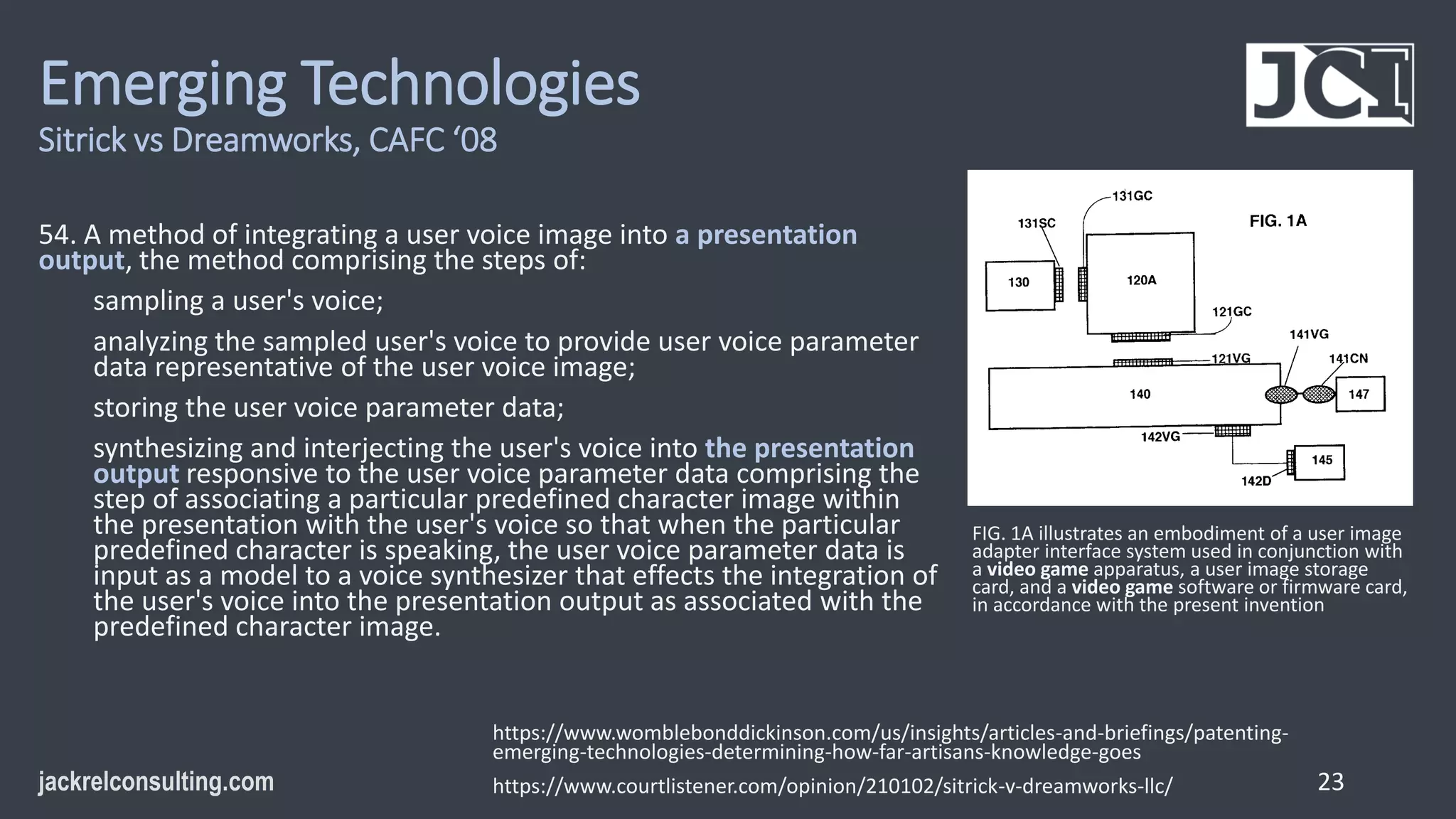 Emerging Technologies
Sitrick vs Dreamworks, CAFC ‘08
54. A method of integrating a user voice image into a presentation
output, the method comprising the steps of:
sampling a user's voice;
analyzing the sampled user's voice to provide user voice parameter
data representative of the user voice image;
storing the user voice parameter data;
synthesizing and interjecting the user's voice into the presentation
output responsive to the user voice parameter data comprising the
step of associating a particular predefined character image within
the presentation with the user's voice so that when the particular
predefined character is speaking, the user voice parameter data is
input as a model to a voice synthesizer that effects the integration of
the user's voice into the presentation output as associated with the
predefined character image.
23
https://www.womblebonddickinson.com/us/insights/articles-and-briefings/patenting-
emerging-technologies-determining-how-far-artisans-knowledge-goes
https://www.courtlistener.com/opinion/210102/sitrick-v-dreamworks-llc/
FIG. 1A illustrates an embodiment of a user image
adapter interface system used in conjunction with
a video game apparatus, a user image storage
card, and a video game software or firmware card,
in accordance with the present invention
 