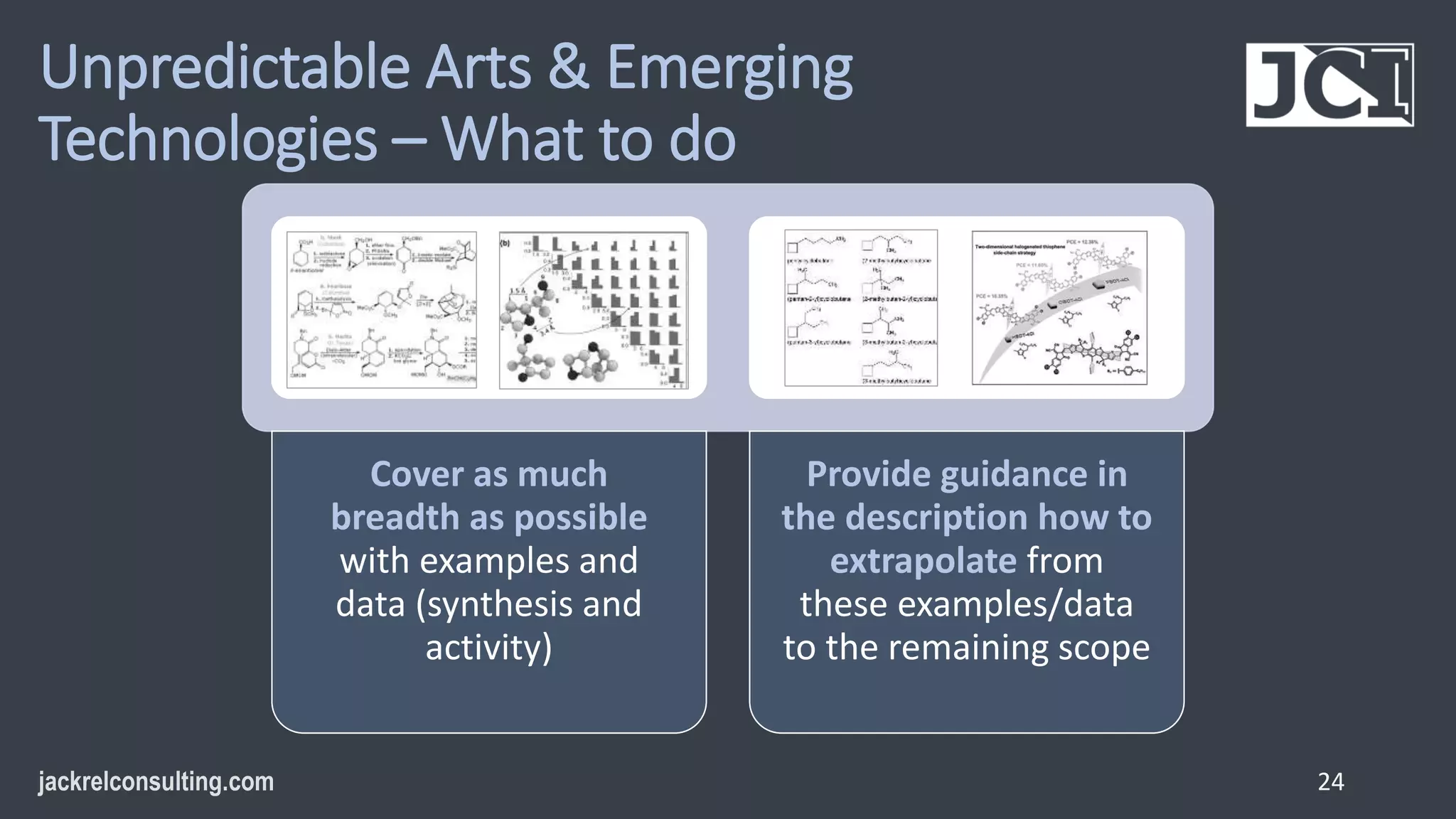 Unpredictable Arts & Emerging
Technologies – What to do
24
Cover as much
breadth as possible
with examples and
data (synthesis and
activity)
Provide guidance in
the description how to
extrapolate from
these examples/data
to the remaining scope
 