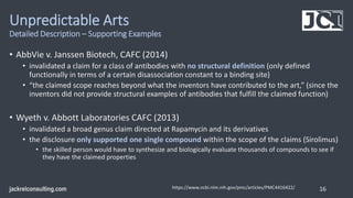 Unpredictable Arts
Detailed Description – Supporting Examples
• AbbVie v. Janssen Biotech, CAFC (2014)
• invalidated a cla...