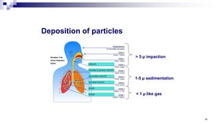 66
Deposition of particles
> 5 µ impaction
1-5 µ sedimentation
< 1 µ like gas
 
