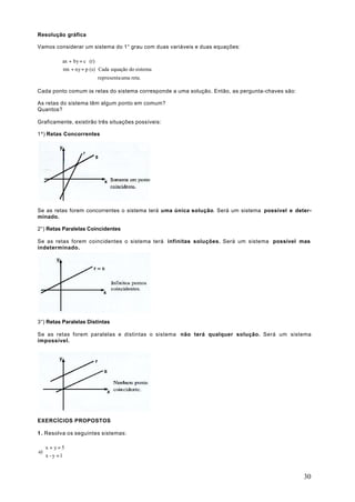 Resolução gráfica

Vamos considerar um sistema do 1° grau com duas variáveis e duas equações:

          ax + by = c (r)
          
          mx + ny = p (s) Cada equação do sistema
                          representa uma reta.

Cada ponto comum às retas do sistema corresponde a uma solução. Então, as pergunta-chaves são:

As retas do sistema têm algum ponto em comum?
Quantos?

Graficamente, existirão três situações possíveis:

1º) Retas Concorrentes




Se as retas forem concorrentes o sistema terá uma única solução. Será um sistema possível e deter-
minado.

2°) Retas Paralelas Coincidentes

Se as retas forem coincidentes o sistema terá infinitas soluções. Será um sistema possível mas
indeterminado.




3°) Retas Paralelas Distintas

Se as retas forem paralelas e distintas o sistema não terá qualquer solução. Será um sistema
impossível.




EXERCÍCIOS PROPOSTOS

1 . Resolva os seguintes sistemas:

   x + y = 5
a) 
   x - y = 1


                                                                                                 30
 