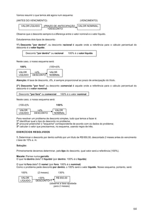 Vamos resumir o que temos até agora num esquema:

(ANTES DO VENCIMENTO)                                      (VENCIMENTO)

    VALOR LÍQUIDO        (PRAZO DE ANTECIPAÇÃO            VALOR NOMINAL.
                            +DESCONTO

Observe que o desconto sempre é a diferença entre o valor nominal e o valor líquido.

Estudaremos dois tipos de desconto:

1°) Desconto "por dentro", ou desconto racional é aquele onde a referência para o cálculo percentual do
desconto é o valor líquido.

        Desconto "por dentro" ou racional ⇒ 100% é o valor líquido


Neste caso, o nosso esquema será:

   100%                        (100+d)%

  VALOR         +d%            VALOR
  LÍQUIDO      DESCONTO        NOMINAL

Atenção: A taxa de desconto, d%, é sempre proporcional ao prazo de antecipação do título.

2º) Desconto "por fora", ou desconto comercial é aquele onde a referência para o cálculo percentual do
desconto é o valor nominal.

  Desconto "por fora" ou comercial ⇒ 100% é o valor nominal

Neste caso, o nosso esquema será:

  (100-d)%                            100%

   VALOR          +d%              VALOR
  LÍQUIDO       DESCONTO           NOMINAL

Para resolver um problema de desconto simples, tudo que temos a fazer é:
1º identificar qual o tipo do desconto no problema;
2º procurar preencher o "esquema" correspondente de acordo com os dados do problema;
3º calcular o valor que precisarmos, no esquema, usando regra de três.

EXERCÍCIOS RESOLVIDOS

1. Determinar o desconto por dentro sofrido por um título de R$ 650,00, descontado 2 meses antes do vencimento
à taxa de 15% a. m.

Solução:

Primeiramente devemos determinar, pelo tipo do desconto, qual valor será a referência (100%).

Macete: Pense numa garrafa:
O que há dentro dela? 0 líquido! (por dentro: 100% é o líquido)

O que há fora dela? O nome! (por fora: 100% é o nominal)
Como o problema pede desconto por dentro, o 100% será o valor líquido. Nosso esquema, portanto, será:

    100%           (2 meses)           130%

   VALOR            +30%       R$ 650,00
   LÍQUIDO        DESCONTO=?
                          (observe a taxa ajustada
                             para 2 meses)




                                                                                                           64
 