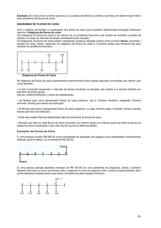 Exemplo: Em uma conta corrente bancária, a sucessão de débitos e créditos ocorridos em determinado mês é
uma seqüência de fluxos de caixa.

DIAGRAMAS DE FLUXOS DE CAIXA

Com o objetivo de facilitar a visualização dos fluxos de caixa que compõem determinada transação financeira,
usamos o diagrama de fluxos de caixa.
Um diagrama de fluxos de caixa é um retrato de um problema financeiro que mostra as entradas e saídas de
valores, ao longo do intervalo de tempo considerado para situação.
Os diagramas de fluxos de caixa podem representar qualquer situação prática onde ocorram fluxos (entradas /
saídas) de caixa. Assim, desenhar um diagrama de fluxos de caixa é o primeiro passo que devemos dar para
resolver um problema financeiro.




    Diagrama de Fluxos de Caixa

No diagrama de fluxos de caixa representado anteriormente foram usadas algumas convenções que iremos usar
como padrões:

• O eixo horizontal representa o intervalo de tempo envolvido na situação sob análise e é sempre dividido em
períodos de tempo iguais.
Usa-se, preferencialmente, o prazo de capitalização.

• As flechas para cima representam fluxos de caixa positivos, isto é, dinheiro recebido, resgatado, dinheiro
entrando, fluindo para dentro da instituição.

• As flechas para baixo representam fluxos de caixa negativos, ou seja, dinheiro pago, investido, dinheiro saindo,
fluindo para fora da instituição.

• Onde não existem flechas desenhadas não há ocorrência de fluxos de caixa.

• Sempre que dois ou mais fluxos de caixa ocorrerem ao mesmo tempo (no mesmo ponto da linha de tempo do
diagrama) será considerado o seu valor líquido (soma ou diferença deles).

Exemplos de Fluxos de Caixa

1. Uma pessoa investiu R$ 600,00 numa modalidade de aplicação que pagava juros capitalizados mensalmente,
obtendo, após 6 meses, um montante de R$ 750,00.




2. Uma pessoa planeja depósitos mensais de R$ 100,00 em uma caderneta de poupança, sendo o primeiro
depósito feito logo no início do primeiro mês, o segundo no início do segundo mês, e assim sucessivamente, até o
quinto depósito e deseja prever qual será o montante que terá naquele momento.




                                                                                                              81
 