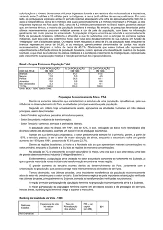 colonização e o número de escravos africanos ingressos durante a escravatura são muito elásticas e imprecisas,
variando entre 2 milhões a 10 milhões para os indígenas, e cerca de 6 milhões de escravos africanos. Por outro
lado, os portugueses ingressos ainda no período colonial alcançaram uma cifra de aproximadamente 500 mil, e
após a independência, cerca de 5 milhões, dos quais aproximadamente 2,5 milhões retornaram a Portugal. Já dos
imigrantes ingressos no País após 1850, cerca de 4,2 milhões permaneceram no Brasil. Assim, podemos deduzir
que, em termos étnicos, a maioria da população brasileira é mestiça. No entanto, as pesquisas levantadas pelos
últimos recenseamentos procuram enfatizar apenas a cor da pele da população, com base na informação
geralmente não muito precisa do entrevistado. A população indígena encontra-se reduzida a aproximadamente
0,6% da população brasileira, refletindo o etnocídio a que foi submetida, com a extinção de inúmeras nações
indígenas, quer seja pelo seu extermínio físico, quer seja pelo desaparecimento de sua cultura, em função da
"integração" com a sociedade global. Os negros foram reduzidos a cerca de 5% da população total, enquanto os
brancos representam cerca de 54,3%, e os mestiços, genericamente denominados de pardos nos atuais
recenseamentos, atingiram o índice de cerca de 40,1%. Obviamente que esses índices não representam
especificamente a formação étnica da população brasileira, porém, apenas uma classificação quanto à cor da pele.
Contudo, o que mais se evidencia nos dados coletados é o constante crescimento da miscigenação, representada
pelo crescimento da população mestiça e redução percentual dos 3 grupos básicos,


Brasil - Grupos Étnicos no População Total
                     % DA POPULAÇÃO        % DA POPULAÇÃO              % DA POPULAÇÃO
COR DA PELE              EM 1950               EM 1980                     EM 1996
Brancos                      61,7                54,7                        54,5
Negros                       11,0                 5,9                         4,9
Pardos                       26,5                38,5                        40,1
Amarelos                      0,6                 0,6                         0,6
Não declarados                0,3                 0,3                         0,1
TOTAL                       100,0               100,0                       100,0
fonte: IBGE - 1950, 1980 e 1996.


                                     População Economicamente Ativa - PEA
         Dentre os aspectos relevantes que caracterizam a estrutura de uma população, ressaltam-se, pela sua
influência no desenvolvimento do País, as atividades principais exercidas pela população.
         Segundo um critério hoje universalmente aceito, agrupamos as atividades humanas em três classes
principais, assim denominadas:
- Setor Primário: agricultura, pecuária, silvicultura e pesca;
- Setor Secundário: indústria de transformação;
- Setor Terciário: comércio, serviços e profissões liberais.
         A população ativa no Brasil, em 1991, era de 43%, o que, conjugado ao baixo nível tecnológico dos
diversos setores de atividades, acarreta um baixo nível de produção econômica.
        Apesar de sua diminuição progressiva, o setor predominante sempre foi o primário; porém, a partir de
1976, o terciário passou a ser o setor de maior absorção de ativos, enquanto o secundário sofre um grande
aumento de 1970 para 1991, passando de 17,8% para 22,7%.
         Dentre as regiões brasileiras, a Norte e a Nordeste são as que apresentam maiores concentrações no
setor primário, enquanto a Sudeste e a Sul são as regiões de menores concentrações.
        Na década de 70, o crescimento do setor secundário foi maior, uma vez que o país atravessou uma fase
de grande desenvolvimento industrial ("Milagre Brasileiro").
        Evidentemente, a população ativa utilizada no setor secundário concentra-se fortemente no Sudeste, já
que a grande maioria da nossa indústria de transformação encontra-se nessa região.
        O grande aumento do terciário ocorreu devido ao desenvolvimento do País, juntamente com a
urbanização da população, que passou a exigir mais intensamente as atividades de serviços.
         Temos observado, nas últimas décadas, uma importante transferência da população economicamente
ativa do setor do primário para o setor terciário. Este fenômeno explica-se pela importante urbanização verificada
nas últimas décadas, principalmente no Sudeste, somada às transformações verificadas na zona rural.
         A região de maior participação da população feminina na população economicamente ativa é a Sudeste.
        A maior participação da população feminina ocorre em atividades sociais e de prestação de serviços.
Nestas áreas, a participação feminina chega a superar a masculina.


Ranking da Qualidade de Vida - 1996

                    Esperança de vida       Taxa de              PIB – per
 Melhores
                      ao nascer           Alfabetização          capita      IDH
 Estados
                       (anos)             dos adultos            (em U$)

Rio Grande do
 