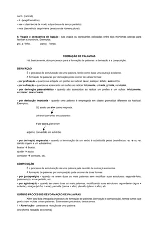 cant - (radical)
- á - (vogal temática)
- sse - (desinência de modo subjuntivo e de tempo perfeito)
- mos (desinência de primeira pessoa e de número plural)


5) Vogais e consoantes de ligação - são vogais ou consoantes colocadas entre dois morfemas apenas para
facilitar a pronúncia. Exemplos:
pe / z / inho,           paris / i / ense.




                                             FORMAÇÃO DE PALAVRAS
          Há, basicamente, dois processos para a formação de palavras: a derivação e a composição.


DERIVAÇÃO
          É o processo de estruturação de urna palavra, tendo como base uma outra já existente.
          A formação de palavras por derivação pode ocorrer de várias formas:
- por prefixação - quando se antepõe um prefixo ao radical: rever, compor, infeliz, subnutrido.
- por sufixação - quando se acrescenta um sufixo ao radicar felizmente, unhada, gritaria, vendedor.
- por derivação parassintética - quando são acrescidos ao radical um prefixo e um sufixo: infelizmente,
anoitecer, desnorteado.


- por derivação imprópria - quando uma palavra é empregada em classe gramatical diferente da habitual.
Exemplos:
                   Só aceito um sim como resposta.


                   advérbio convertido em substantivo


                   Fale baixo, por favor!


          adjetivo convertido em advérbio


- por derivação regressiva - quando a terminação de um verbo é substituída pelas desinências: -a, -e ou -o,
dando origem a um substantivo:
buscar ! busca;
ajudar ! ajuda;
combater ! combate, etc.


COMPOSIÇÃO
          É o processo de estruturação de uma palavra pela reunião de outras já existentes.
          A formação de palavras por composição pode ocorrer de duas formas:
- por justaposição - quando se unem duas ou mais palavras sem modificar suas estruturas: segunda-feira,
passatempo, amor-perfeito, etc.
- por aglutinação - quando se unem duas ou mais palavras, modificando suas estruturas: aguardente (água +
ardente); vinagre (vinho + acre); pernalta (perna + alta); planalto (plano + alto), etc.


OUTROS PROCESSOS DE FORMAÇÃO DE PALAVRAS
         Além dos dois principais processos de formação de palavras (derivação e composição), temos outros que
produziram muitas outras palavras. Entre esses processos, destacamos:
1 - Abreviação - consiste na redução de uma palavra:
cine (forma reduzida de cinema)
 