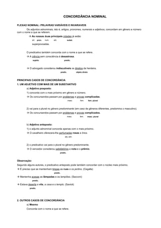 CONCORDÂNCIA NOMINAL

FLEXAO NOMINAL: PRLAVRAS VARIÁVEIS E INVARIAVEIS
        Os adjuntos adnominais, isto é, artigos, pronomes, numerais e adjetivos, concordam em gênero e número
com o nome a que se referem.
          ! As nossas duas principais cidades já estão
              art.   pron.   num.   adi.                subst.

              superpovoadas.


        O predicativo também concorda com o nome a que se refere.
        ! A ciência sem consciência é desastrosa.
              sujeito                             predic.



        ! O advogado considerou indiscutíveis os direitos da herdeira.
                                              predic.            objeto direto



PRINCIPAIS CASOS DE CONCORDÃNCIA
1. UM ADJETIVO COM MAIS DE UM SUBSTANTIVO
        a) Adjetivo posposto:
        1) concorda com o mais próximo em gênero e número.
        ! Os concursandos passam por problemas e provas complicadas.
                                                        masc.        fem.        fem. plural



        2) vai para o plural no gênero predominante (em caso de gêneros diferentes, predomina o masculino).
        ! Os concursandos passam por problemas e provas complicados.
                                                        masc.        fem.    masc. plural



        b) Adjetivo anteposto:
        1) o adjunto adnominal concorda apenas com o mais próximo.
        ! O cavalheiro oferecera-lhe perfumadas rosas e lírios.
                                                  adj. adn.



        2) o predicativo vai para o plural no gênero predominante.
        ! O vencedor considerou satisfatórios a nota e o prêmio.
                                           predic.



Observação:
Segundo alguns autores, o predicativo anteposto pode também concordar com o núcleo mais próximo.
! É preciso que se mantenham limpas as ruas e os jardins. (Cegalla)
                                    predic.

! Mantenha acesas as lâmpadas e os lampiões. (Sacconi)
              predic.

! Estava deserta a vila, a casa e o templo. (Savioli)
           predic.




2. OUTROS CASOS DE CONCORDÂNCIA
        a) Mesmo
        Concorda com o nome a que se refere.
 