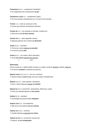 Comparecer a (v.t.i. - complemento "atividade").
! Os magistrados não compareceram ao júri.


Comparecer a (em)- (v.i. - complemento "lugar').
! Os concursandos compareceram ao / no local na hora prevista.


Constar - (v.i. - dizer-se, passar por certo).
! Consta que Cristo.fez maravilhosos portentos.


Constar de (v.t.i. - ser composto ou formado, constituir-se).
! Esta obra consta de dois volumes.


Constar em (v.i. - estar registrado, escrito).
! Algumas palavras nem constam no dicionário.


Custar (v.t.d.i. - acarretar).
! O remorso custava lágrimas ao pecador.
! O remorso custou-lhas.


Custar a (v.t.i. - ser custoso, difícil, demorado).
! Custa aos alunos entender tais assuntos.
              o i.               sujeito



Observação:
Como se pode ver, o objeto indireto é pessoa e o sujeito, oracional; devendo, portanto, evitar-se:
! Os alunos custaram a entender tais assuntos.


Deparar (com) (v.t.d. ou v.t.i. - dar com, encontrar).
! Quando deparou (com) o erro, procurou corrigi-lo imediatamente.


Deparar a (v.t.d.i. - fazer aparecer, apresentar).
! Nem a ciência deparava solução ao mistério.


Deparar-se a (v.t.i. pronominal - apresentarse, oferecer-se, surgir).
! Uma nova situação deparou-se aos alunos.


Implicar (v.t.d. - acarretar).
! Contratação de pessoal implica despesas.


Implicar com (v.t.i. - ter implicância).
! Não sei por que implicas com as crianças.


Implicar em (v.t.d.i. - envolver).
! Cacilda implicara o namorado em crimes.


Implicar-se em (v.t.i. pronominal -envolver-se).
! Implicou-.se em conspirações.
 