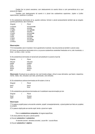 Caráter faz no plural caracteres, com deslocamento do acento tônico e com permanência do c que
possuía de origem.
       Também com deslocamento do acento é o plural dos substantivos espécimen, Júpiter e Lúcifer:
especímenes, Jupíteres e Lucíferes.


4) Os substantivos terminados em s, quando oxítonos, formam o plural acrescentando também es ao singular,
quando paroxítonos, são invariáveis:
Singular           I        Plural
o ananás                    os ananases
o atlas                     os atlas
o inglês                    os inglêses
o pires                     os pires
o revés                     os revóses
o lápis                     os lápis
o país                      os países
o oásis                     os oásis
o obus                      os obuses
o ônibus                    os ônibus

Observações:
1ª) O monossílabo cais é invariável. Cós é geralmente invariável, mas documenta-se também o plural coses.
2ª) Como os paroxítonos terminados em s, os poucos substantivos existentes finalizados em x, são invariáveis: o
tórax - os tórax, o ônix - os ônis.


5) Os substantivos terminados em al, el, ol e ul substituem no plural o I por is:
Singular           I        Plural
tribunal                    tribunais
pastel                      pasteis
nível                       níveis
anzol                       anzóis
álcool                      álcoois
paul                        pauis

Observação: Excetuam-se as palavras mal, real (moeda antiga), cônsul e seus derivados, que fazem, respectiva-
mente, males, réis, cônsules e por este, procônsules, vice-cônsules.


6) Os substantivos oxítonos terminados em il mudam o l em s:
Singular           I        Plural
barril                      barris
funil                       funis

7) Os substantivos paroxítonos terminados em il substituem essa terminação por eis:
Singular           I        Plural
fóssil                      fósseis
réptil                      répteis

Observação:
 a
1 ) A palavra projétil possui uma escrita variante: projetil; conseqüentemente, o plural poderá ser feito em projéteis
ou projetis.
 a
2 ) A palavra réptil pode ser escrita reptil, tendo o plural em reptis.


           Para os substantivos compostos, há regras específicas:
1) As duas palavras irão para o plural quando:
a) Houver substantivo + substantivo
           ! tenente-coronel - tenentes-coronéis ; couve-flor - couves-flores
b) Houver substantivo + adjetivo
 
