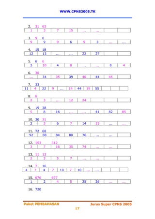 WWW.CPNS2005.TK



  2. 31 63
   1     3           7           15          ...           ...

  3. 9      0
   9         9       9           6           9              3     ...    ...

  4. 15 18
   12   13           ...         ...         22            27

  5. 6      6
   2        10       4           8           ...           ...    8      4

  6. 30
   ...      34       35          39          40            44     45

  7. 33
11   4  22       9         ...   14     44         19      55

  8. 6
   2        3        ...         12          24

  9. 19 38
   5     8           16          ...         ...           41     82     85

  10. 30 31
   2      3          6           7           14            15     ...    ...

  11. 72 68
   92    88          84          80          76            ...    ...

  12. 153        312
   3      7        16            35          74            ...    ...

  13. 11 13
   2      3          5           7           ...           ...

  14. 7     16
4     7     4    7         10    7      10         ...     ...

  15. 676        677
   1      2         4            5           25            26     ...    ...

  16. 720



Paket PEMBAHASAN
Paket PEMBAHASAN                                         Jurus Super CPNS 2005
                                       17
 