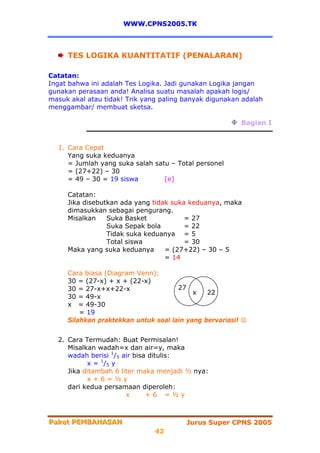 WWW.CPNS2005.TK



     TES LOGIKA KUANTITATIF (PENALARAN)

Catatan:
Ingat bahwa ini adalah Tes Logika. Jadi gunakan Logika jangan
gunakan perasaan anda! Analisa suatu masalah apakah logis/
masuk akal atau tidak! Trik yang paling banyak digunakan adalah
menggambar/ membuat sketsa.

                                                         Bagian I


  1. Cara Cepat
     Yang suka keduanya
     = Jumlah yang suka salah satu – Total personel
     = (27+22) – 30
     = 49 – 30 = 19 siswa        [e]

     Catatan:
     Jika disebutkan ada yang tidak suka keduanya, maka
     dimasukkan sebagai pengurang.
     Misalkan    Suka Basket            = 27
                 Suka Sepak bola        = 22
                 Tidak suka keduanya = 5
                 Total siswa            = 30
     Maka yang suka keduanya      = (27+22) – 30 – 5
                                  = 14

     Cara biasa (Diagram Venn):
     30 = (27-x) + x + (22-x)
     30 = 27-x+x+22-x                 27
                                           x   22
     30 = 49-x
     x = 49-30
         = 19
     Silahkan praktekkan untuk soal lain yang bervariasi! ☺


  2. Cara Termudah: Buat Permisalan!
     Misalkan wadah=x dan air=y, maka
     wadah berisi 1/5 air bisa ditulis:
           x = 1 /5 y
     Jika ditambah 6 liter maka menjadi ½ nya:
           x+6=½y
     dari kedua persamaan diperoleh:
                       x      +6 =½y



Paket PEMBAHASAN
Paket PEMBAHASAN                        Jurus Super CPNS 2005
                               42
 