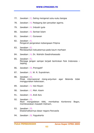 WWW.CPNS2005.TK




77.   Jawaban : C. Saling mengenal suku-suku bangsa

78.   Jawaban : A. Pedagang dan penyebar agama.

79.   Jawaban : A. Industri gula

80.   Jawaban : B. Serikat Islam

81.   Jawaban : C. Gunawan

82.   Jawaban : E.
      Pengaruh pergerakan kebangsaan Filipina

83.   Jawaban : E.
      Mendasarkan kekuatannya pada kaum marhaen

84.   Jawaban : A. Dr. Wahidin Soedirohoesodo

85.   Jawaban : E.
      Menjaga jangan sampai terjadi bentrokan fisik Indonesia –
      Jepang.

86.   Jawaban : D. Prerogatif

87.   Jawaban : E. W. R. Supratman.

88.   Jawaban : D.
      Pihak internasional meng-anjurkan    agar     Belanda    tidak
      menggunakan kekerasan.

89.   Jawaban : A. Van Royen

90.   Jawaban : C. Moh. Koem

91.   Jawaban : B. Andi Azis

92.   Jawaban : D.
      Akan mengadakan KAA, membahas             Konlerensi    Bogor,
      membicarakan masalah Vietnam.

93.   Jawaban : D.
      Diselamatkannya dasar negara Pancasila

94.   Jawaban : B. Yogyakarta



Paket PEMBAHASAN
Paket PEMBAHASAN                        Jurus Super CPNS 2005
                                   63
 