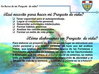 Tener capacidad para el autoaprendizaje. Lograr el crecimiento personal.  Desarrollar actividades intelectuales.  Formar hábitos positivos  Analizar los valores personales.  Formar un estilo de vida propio ¿Qué necesito para hacer mi Proyecto de vida? En busca de mi Proyecto  de vida? ¿Cómo elaboramos un Proyecto  de vida? Para elaborar un proyecto de vida en primer lugar se estructura una  visión personal  y una  misión personal,  se hace uso del análisis FODA; que implica una introspección acerca de las Fortalezas y Debilidades personales (lo interno), así como de las Oportunidades y Amenazas que les ofrece el entorno social (lo externo), se realiza todo un trabajo de autoconocimiento implicando la  identidad  y el  sentido de vida  de la persona, ¿Quién es? y ¿Cómo se ve a futuro?  