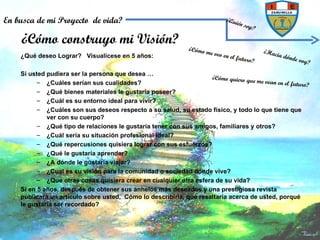 La visión responde a: ¿Hacia donde voy?  ¿Cómo me veo en el futuro?  ¿Cómo quiero que me vean en el futuro?   ¿Qué deseo Lograr?  Visualícese en 5 años: Si usted pudiera ser la persona que desea … ¿Cuáles serían sus cualidades? ¿Qué bienes materiales le gustaría poseer? ¿Cuál es su entorno ideal para vivir? ¿Cuáles son sus deseos respecto a su salud, su estado físico, y todo lo que tiene que ver con su cuerpo? ¿Qué tipo de relaciones le gustaría tener con sus amigos, familiares y otros? ¿Cuál sería su situación profesional ideal? ¿Qué repercusiones quisiera lograr con sus esfuerzos? ¿Qué le gustaría aprender? ¿A dónde le gustaría viajar? ¿Cual es su visión para la comunidad o sociedad dónde vive? ¿Que otras cosas quisiera crear en cualquier otra esfera de su vida? Si en 5 años, después de obtener sus anhelos más deseados y una prestigiosa revista publicara un artículo sobre usted,  Cómo lo describiría, qué resaltaría acerca de usted, porqué le gustaría ser recordado? ¿Cómo construyo mi Visión? En busca de mi Proyecto  de vida? ¿Quién soy?  ¿Hacia dónde voy? ¿Cómo me veo en el futuro? ¿Cómo quiero que me vean en el futuro? 
