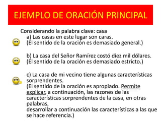EJEMPLO DE ORACIÓN PRINCIPALConsiderando la palabra clave: casaa) Las casas en este lugar son caras.(El sentido de la oración es demasiado general.)b) La casa del Señor Ramírez costó diez mil dólares.(El sentido de la oración es demasiado estricto.)c) La casa de mi vecino tiene algunas características sorprendentes.(El sentido de la oración es apropiado. Permite explicar, a continuación, las razones de las características sorprendentes de la casa, en otras palabras,desarrollar a continuación las características a las que se hace referencia.)