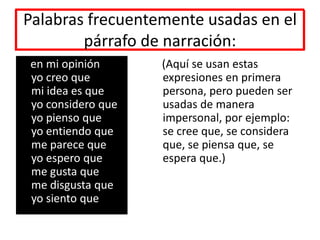 Palabras frecuentemente usadas en el párrafo de narración:    en mi opiniónyo creo quemi idea es queyo considero queyo pienso queyo entiendo queme parece queyo espero queme gusta queme disgusta queyo siento que    (Aquí se usan estas expresiones en primera persona, pero pueden ser usadas de manera impersonal, por ejemplo: se cree que, se considera que, se piensa que, se espera que.)