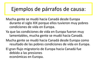 Ejemplos de párrafos de causa:Mucha gente se mudó hacia Canadá desde Europa durante el siglo XIX porque ellos tuvieron muy pobres condiciones de vida en Europa. Ya que las condiciones de vida en Europa fueron muy lamentables, mucha gente se mudó hacia Canadá. Mucha gente se mudó hacia Canadá desde Europa como resultado de las pobres condiciones de vida en Europa. El gran flujo migratorio de Europa hacia Canadá fue debido a las presioneseconómicas en Europa.