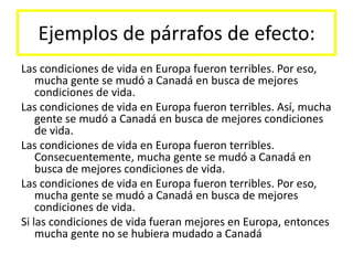 Ejemplos de párrafos de efecto:Las condiciones de vida en Europa fueron terribles. Por eso, mucha gente se mudó a Canadá en busca de mejores condiciones de vida. Las condiciones de vida en Europa fueron terribles. Así, mucha gente se mudó a Canadá en busca de mejores condiciones de vida. Las condiciones de vida en Europa fueron terribles. Consecuentemente, mucha gente se mudó a Canadá en busca de mejores condiciones de vida. Las condiciones de vida en Europa fueron terribles. Por eso, mucha gente se mudó a Canadá en busca de mejores condiciones de vida.Si las condiciones de vida fueran mejores en Europa, entonces mucha gente no se hubiera mudado a Canadá