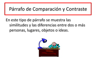 Párrafo de Comparación y ContrasteEn este tipo de párrafo se muestra las similitudes y las diferencias entre dos o más personas, lugares, objetos o ideas.