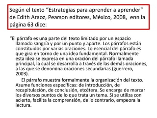 Según el texto “Estrategias para aprender a aprender” de Edith Araoz, Pearson editores, México, 2008,  enn la página 63 dice:“El párrafo es una parte del texto limitado por un espacio llamado sangría y por un punto y aparte. Los párrafos están constituidos por varias oraciones. Lo esencial del párrafo es que gira en torno de una idea fundamental. Normalmente esta idea se expresa en una oración del párrafo llamada principal, la cual se desarrolla a través de las demás oraciones, a las que se denomina oraciones secundarias (guerrero, 2003).          El párrafo muestra formalmente la organización del texto. Asume funciones específicas: de introducción, de recapitulación, de conclusión, etcétera. Se encarga de marcar los diversos puntos de lo que trata un tema. Si se utiliza con acierto, facilita la comprensión, de lo contrario, empeora la lectura.