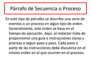 Párrafo de Secuencia o ProcesoEn este tipo de párrafos se describe una serie de eventos o un proceso en algún tipo de orden. Generalmente, este orden se basa en el tiempo de ejecución. Aquí, el redactor trata de proporcionar una guía o instrucciones claras y precisas a seguir paso a paso. Cada paso o parte de las instrucciones debe discutirse en elmismo orden en el que ocurren en el proceso.