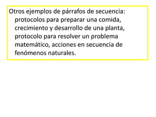 Otros ejemplos de párrafos de secuencia: protocolos para preparar una comida,crecimiento y desarrollo de una planta, protocolo para resolver un problemamatemático, acciones en secuencia de fenómenos naturales.