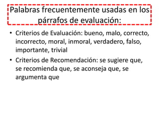 Palabras frecuentemente usadas en los párrafos de evaluación:Criterios de Evaluación: bueno, malo, correcto, incorrecto, moral, inmoral, verdadero, falso, importante, trivialCriterios de Recomendación: se sugiere que, se recomienda que, se aconseja que, se argumenta que