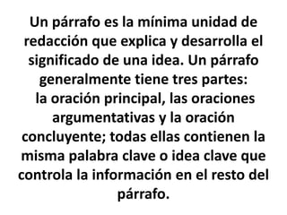 Un párrafo es la mínima unidad de redacción que explica y desarrolla el significado de una idea. Un párrafo generalmente tiene tres partes:la oración principal, las oraciones argumentativas y la oración concluyente; todas ellas contienen la misma palabra clave o idea clave que controla la información en el resto del párrafo.