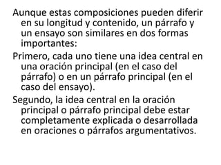 Aunque estas composiciones pueden diferir en su longitud y contenido, un párrafo y un ensayo son similares en dos formas importantes:Primero, cada uno tiene una idea central en una oración principal (en el caso del párrafo) o en un párrafo principal (en el caso del ensayo). Segundo, la idea central en la oración principal o párrafo principal debe estar completamente explicada o desarrollada en oraciones o párrafos argumentativos.