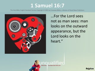 1 Samuel 16:7
The Holy Bible, English Standard Version Copyright © 2001 by Crossway Bibles, a division of Good News Publishers.

…For the Lord sees
not as man sees: man
looks on the outward
appearance, but the
Lord looks on the
heart.”

 