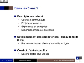 Institut Mines-Télécom
Dans les 5 ans ?
 Des diplômes mixant
• Cours en communauté
• Projets sur campus
• Expérience en entreprise
• Dimension éthique et citoyenne
 Développement des compétences Tout au long de
la vie
• Par ressourcement via communautés en ligne
 Ouvrir à d’autres publics
• Des modalités plus variées
25 juin 2013 MOOCs, faits, exemples, perspectives37
 