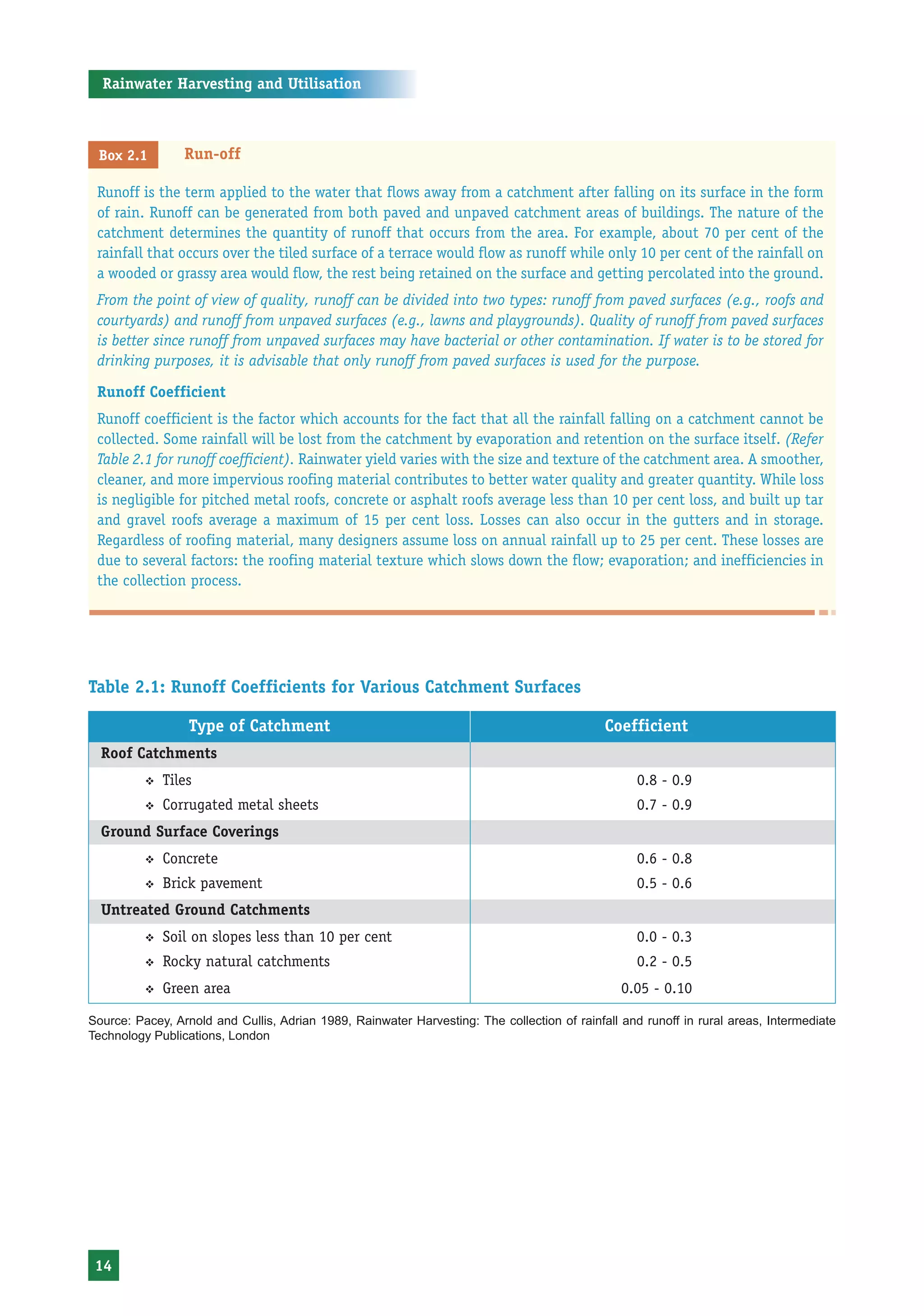 Rainwater Harvesting and Utilisation



 Box 2.1         Run-off

 Runoff is the term applied to the water that flows away from a catchment after falling on its surface in the form
 of rain. Runoff can be generated from both paved and unpaved catchment areas of buildings. The nature of the
 catchment determines the quantity of runoff that occurs from the area. For example, about 70 per cent of the
 rainfall that occurs over the tiled surface of a terrace would flow as runoff while only 10 per cent of the rainfall on
 a wooded or grassy area would flow, the rest being retained on the surface and getting percolated into the ground.
 From the point of view of quality, runoff can be divided into two types: runoff from paved surfaces (e.g., roofs and
 courtyards) and runoff from unpaved surfaces (e.g., lawns and playgrounds). Quality of runoff from paved surfaces
 is better since runoff from unpaved surfaces may have bacterial or other contamination. If water is to be stored for
 drinking purposes, it is advisable that only runoff from paved surfaces is used for the purpose.

 Runoff Coefficient
 Runoff coefficient is the factor which accounts for the fact that all the rainfall falling on a catchment cannot be
 collected. Some rainfall will be lost from the catchment by evaporation and retention on the surface itself. (Refer
 Table 2.1 for runoff coefficient). Rainwater yield varies with the size and texture of the catchment area. A smoother,
 cleaner, and more impervious roofing material contributes to better water quality and greater quantity. While loss
 is negligible for pitched metal roofs, concrete or asphalt roofs average less than 10 per cent loss, and built up tar
 and gravel roofs average a maximum of 15 per cent loss. Losses can also occur in the gutters and in storage.
 Regardless of roofing material, many designers assume loss on annual rainfall up to 25 per cent. These losses are
 due to several factors: the roofing material texture which slows down the flow; evaporation; and inefficiencies in
 the collection process.




Table 2.1: Runoff Coefficients for Various Catchment Surfaces

                  Type of Catchment                                                          Coefficient
  Roof Catchments
          ™   Tiles                                                                                0.8 - 0.9
          ™   Corrugated metal sheets                                                              0.7 - 0.9
  Ground Surface Coverings
          ™   Concrete                                                                             0.6 - 0.8
          ™   Brick pavement                                                                       0.5 - 0.6
  Untreated Ground Catchments
          ™   Soil on slopes less than 10 per cent                                                 0.0 - 0.3
          ™   Rocky natural catchments                                                             0.2 - 0.5
          ™   Green area                                                                        0.05 - 0.10

Source: Pacey, Arnold and Cullis, Adrian 1989, Rainwater Harvesting: The collection of rainfall and runoff in rural areas, Intermediate
Technology Publications, London




 14
 